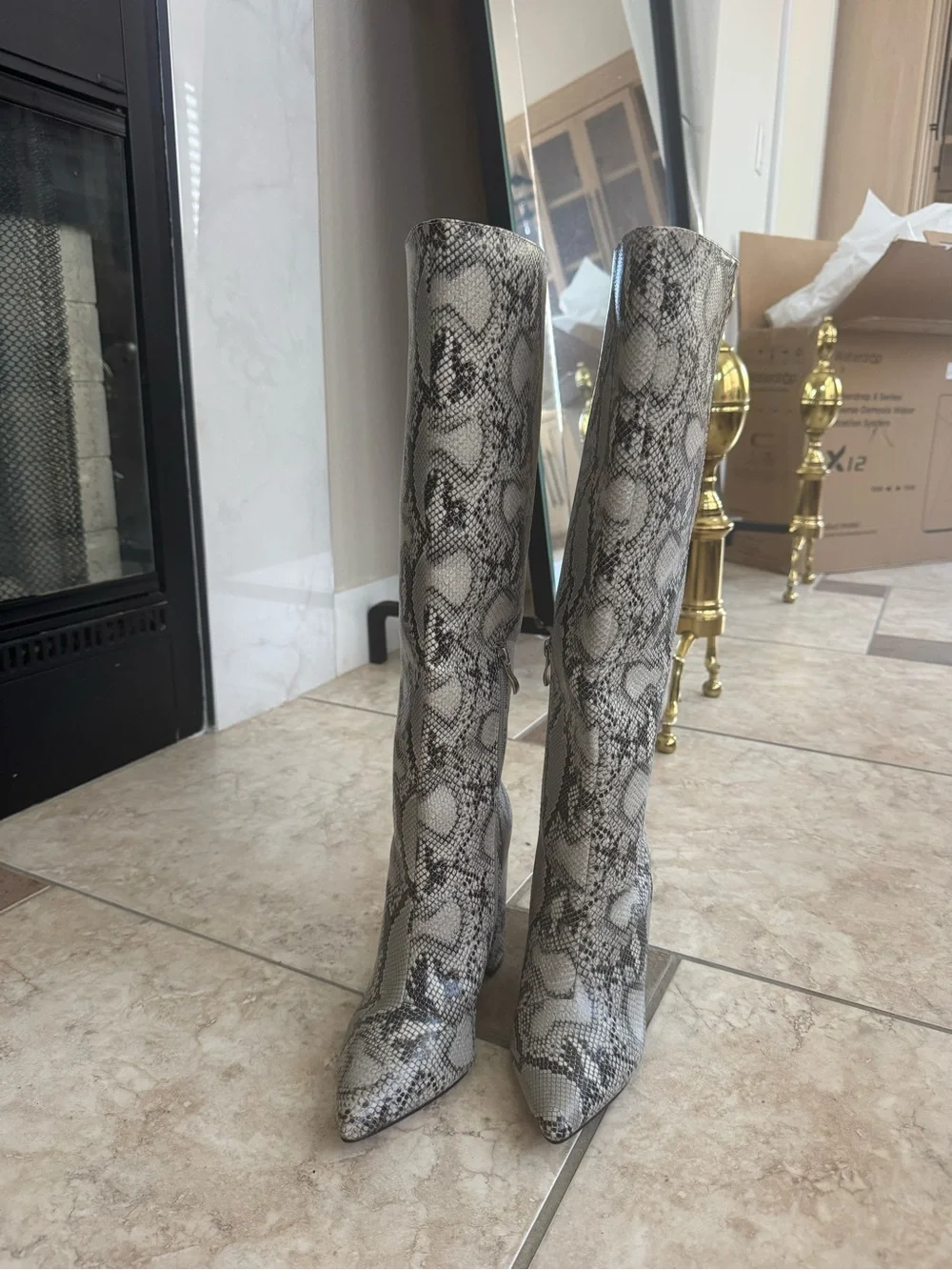 Over-the-Knee Snake-Print Pointed Toe Boots - Gray